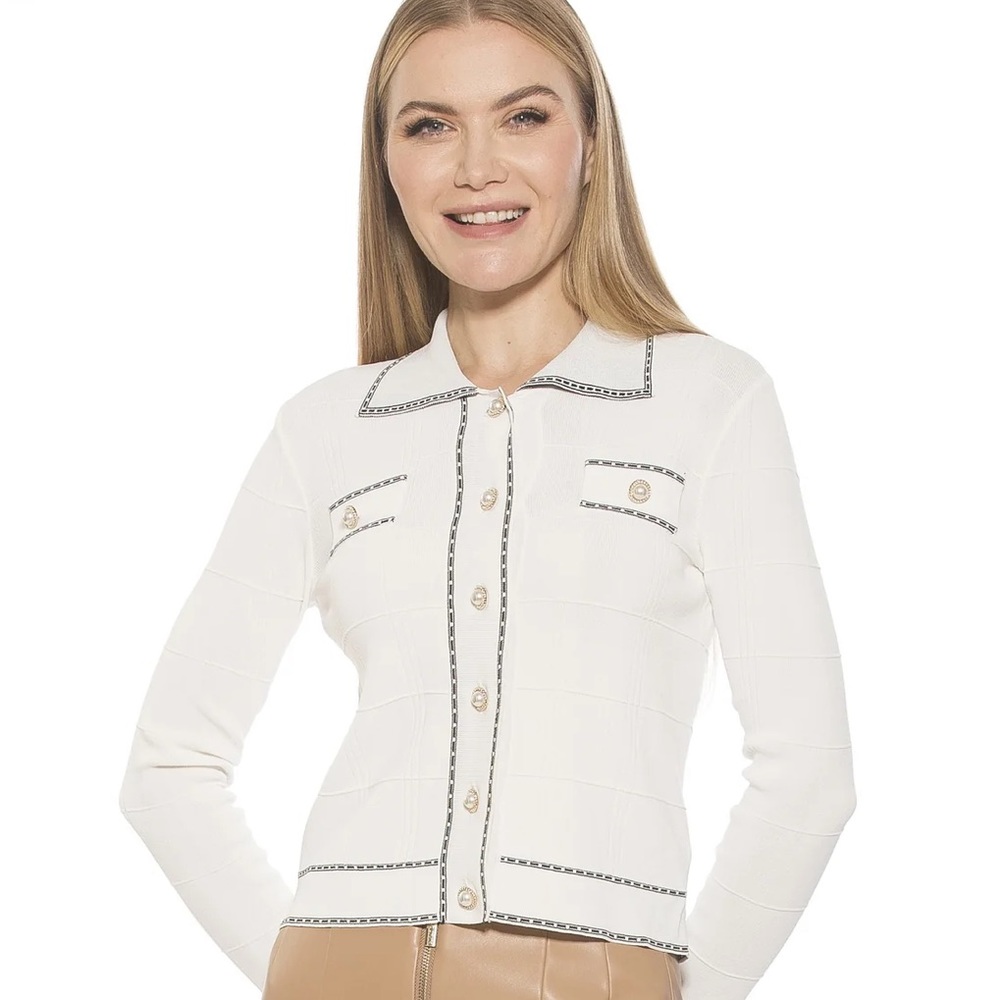 Alexia Admor White Cardigan with Black Trim